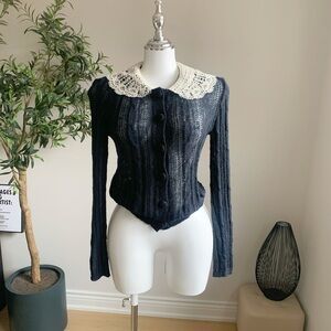 Soft Sheer Knit Lace Collar Cardigan S
